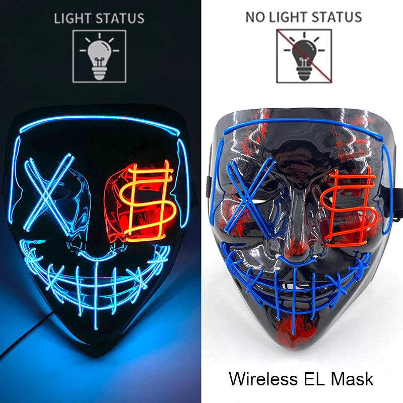 Illuminate Your Halloween with the Wireless Neon LED Purge Mask – Glowing Horror Mask for Parties and Cosplay!