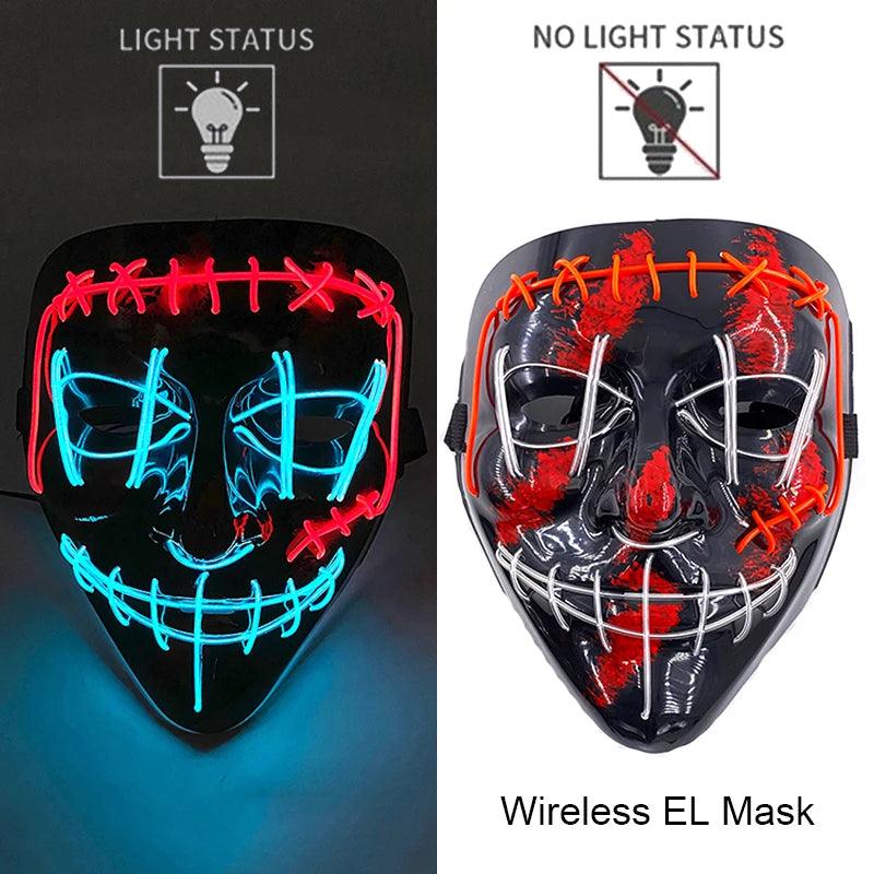 Illuminate Your Halloween with the Wireless Neon LED Purge Mask – Glowing Horror Mask for Parties and Cosplay!