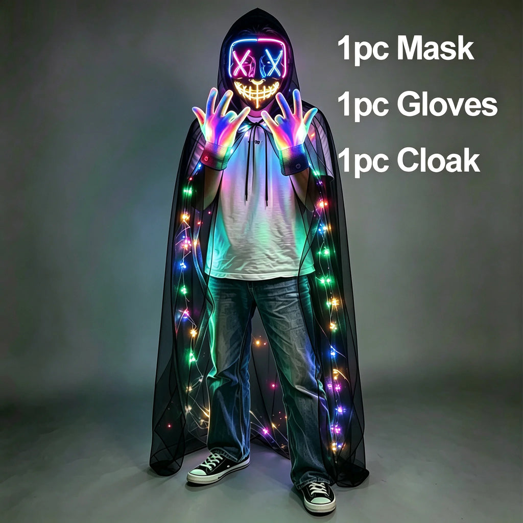 Illuminate Your Halloween with the Wireless LED Neon Purge Mask & Fiber Optic Gloves – Perfect for Carnivals, Cosplay, and Parties!