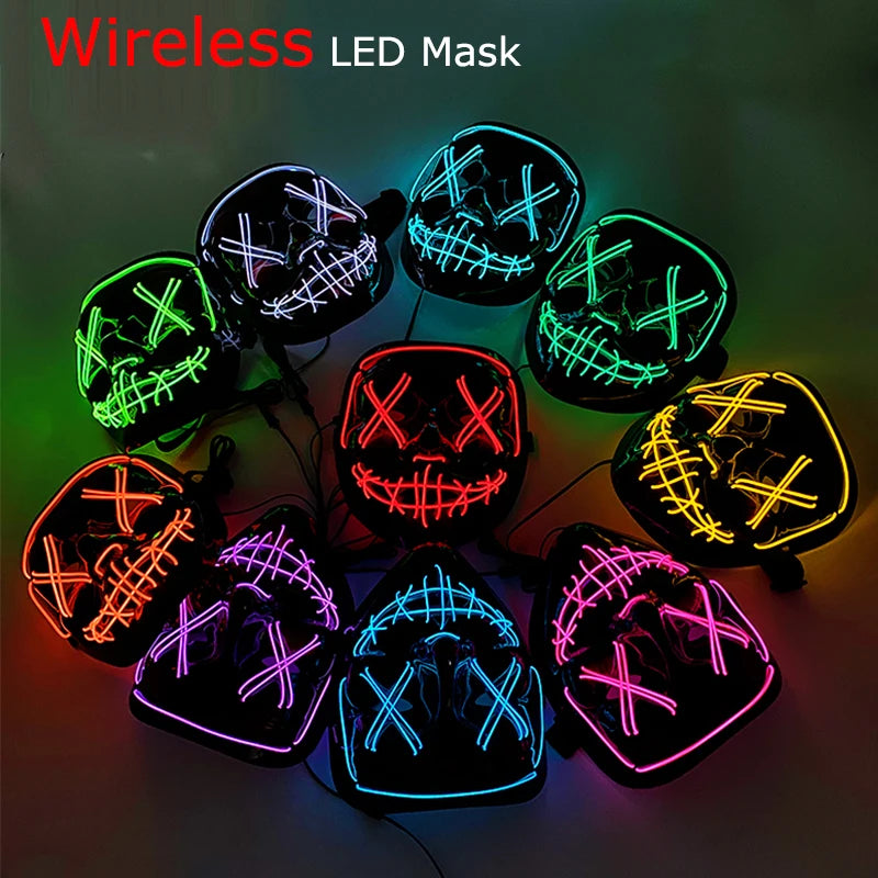 Illuminate Your Halloween with the Wireless Neon LED Purge Mask – Glowing Horror Mask for Parties and Cosplay!