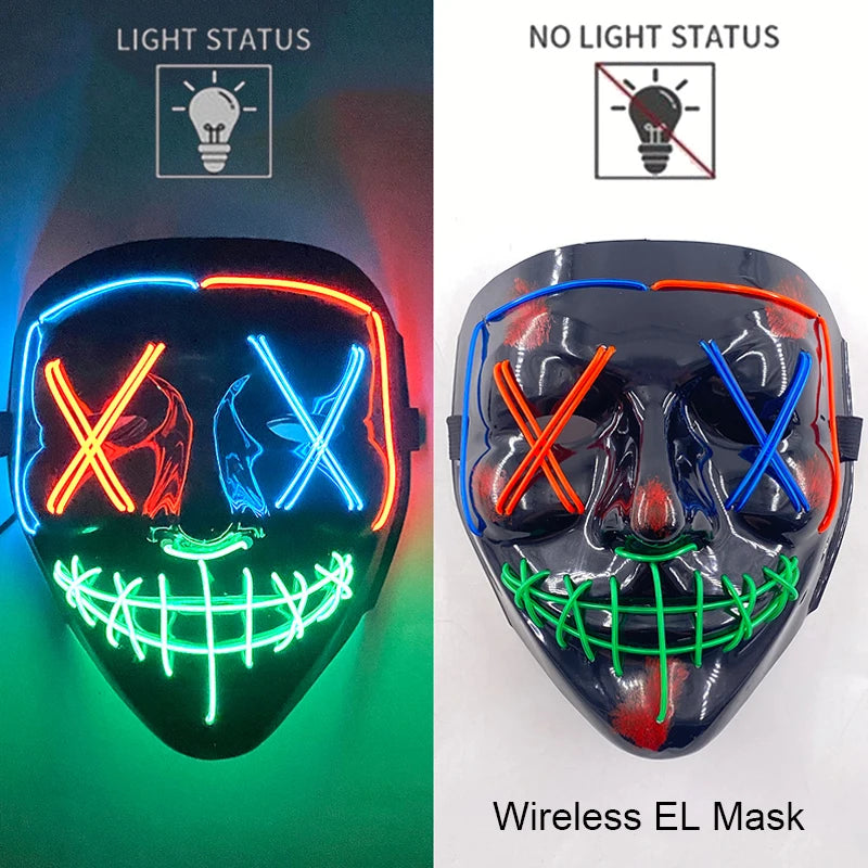 Illuminate Your Halloween with the Wireless Neon LED Purge Mask – Glowing Horror Mask for Parties and Cosplay!