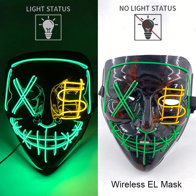 Illuminate Your Halloween with the Wireless Neon LED Purge Mask – Glowing Horror Mask for Parties and Cosplay!