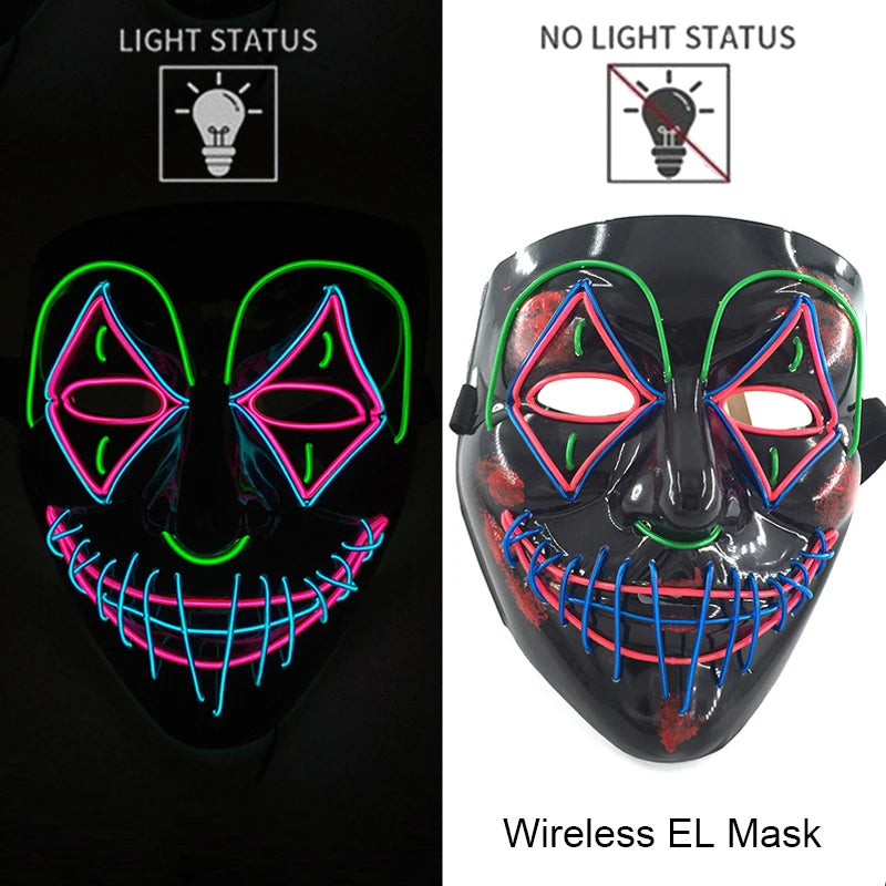 Illuminate Your Halloween with the Wireless Neon LED Purge Mask – Glowing Horror Mask for Parties and Cosplay!