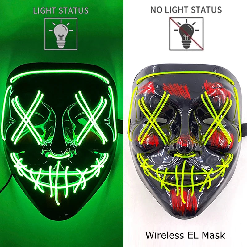 Illuminate Your Halloween with the Wireless Neon LED Purge Mask – Glowing Horror Mask for Parties and Cosplay!