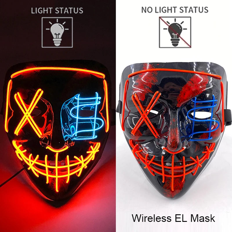 Illuminate Your Halloween with the Wireless Neon LED Purge Mask – Glowing Horror Mask for Parties and Cosplay!
