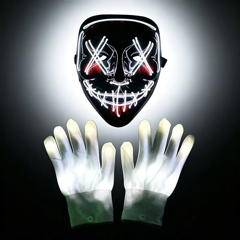 Illuminate Your Halloween with the Wireless LED Neon Purge Mask & Fiber Optic Gloves – Perfect for Carnivals, Cosplay, and Parties!