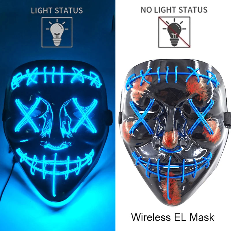Illuminate Your Halloween with the Wireless Neon LED Purge Mask – Glowing Horror Mask for Parties and Cosplay!