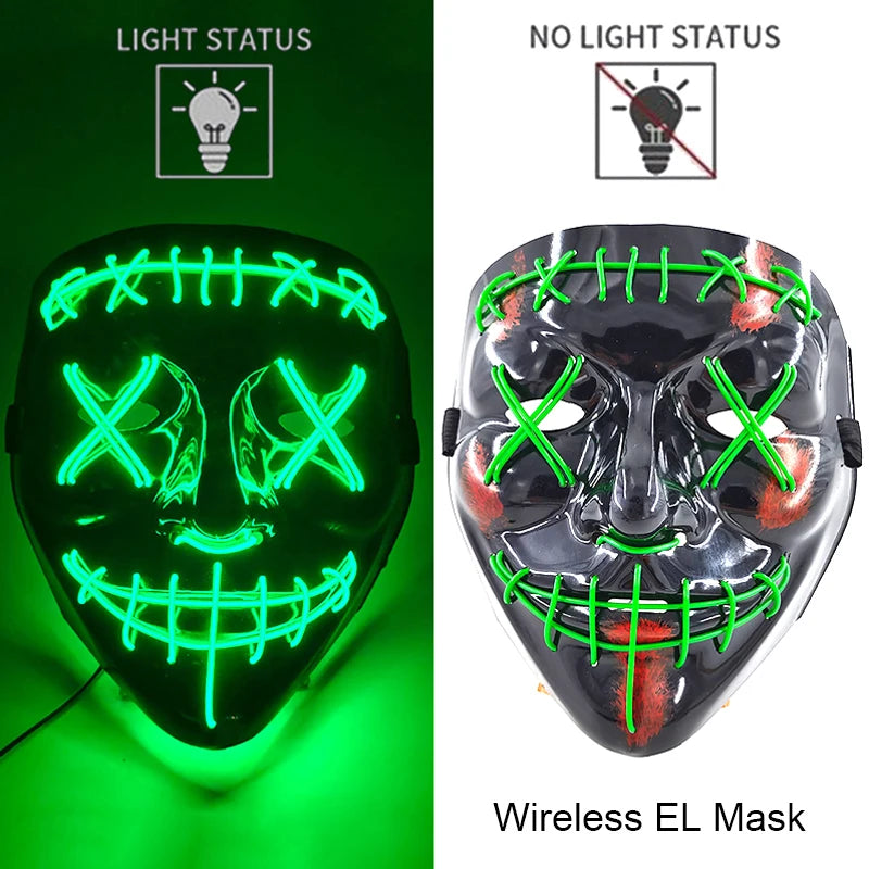 Illuminate Your Halloween with the Wireless Neon LED Purge Mask – Glowing Horror Mask for Parties and Cosplay!