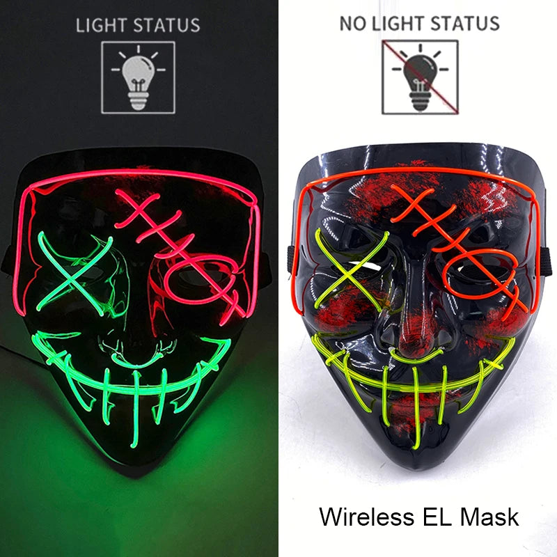 Illuminate Your Halloween with the Wireless Neon LED Purge Mask – Glowing Horror Mask for Parties and Cosplay!