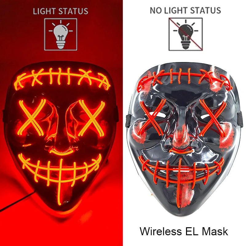 Illuminate Your Halloween with the Wireless Neon LED Purge Mask – Glowing Horror Mask for Parties and Cosplay!