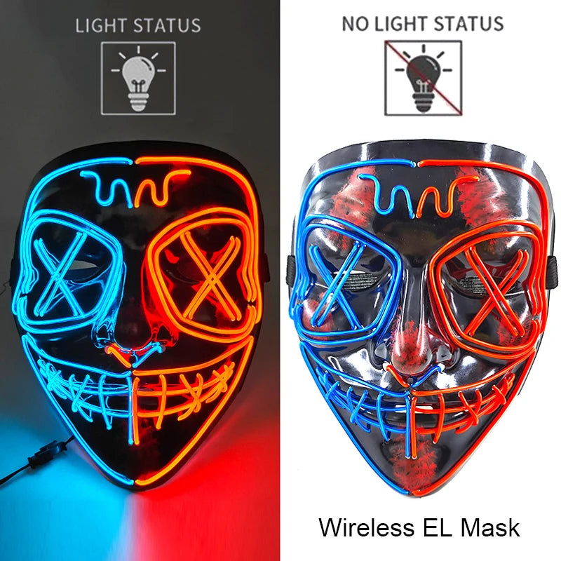 Illuminate Your Halloween with the Wireless Neon LED Purge Mask – Glowing Horror Mask for Parties and Cosplay!