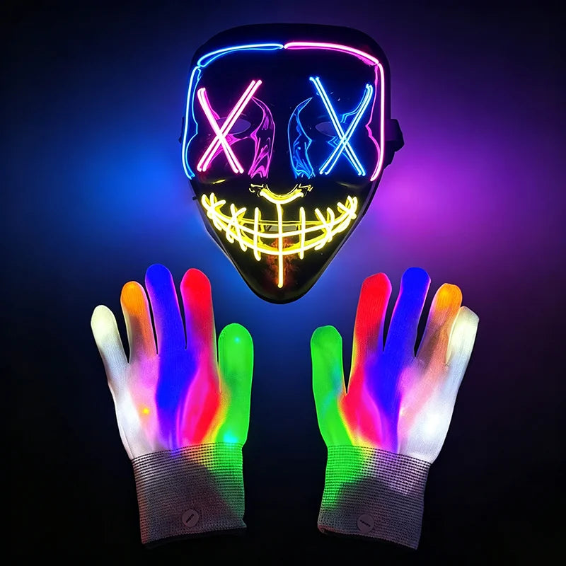 Illuminate Your Halloween with the Wireless LED Neon Purge Mask & Fiber Optic Gloves – Perfect for Carnivals, Cosplay, and Parties!