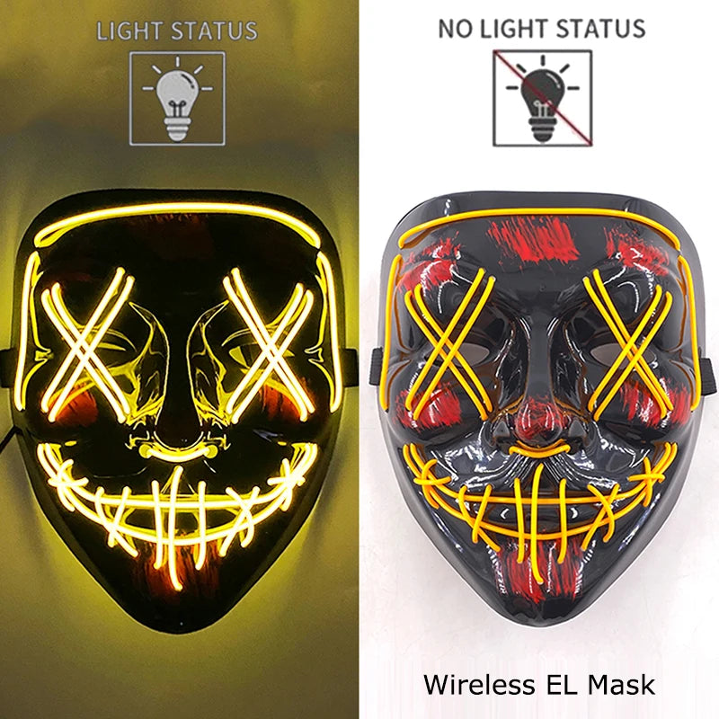 Illuminate Your Halloween with the Wireless Neon LED Purge Mask – Glowing Horror Mask for Parties and Cosplay!