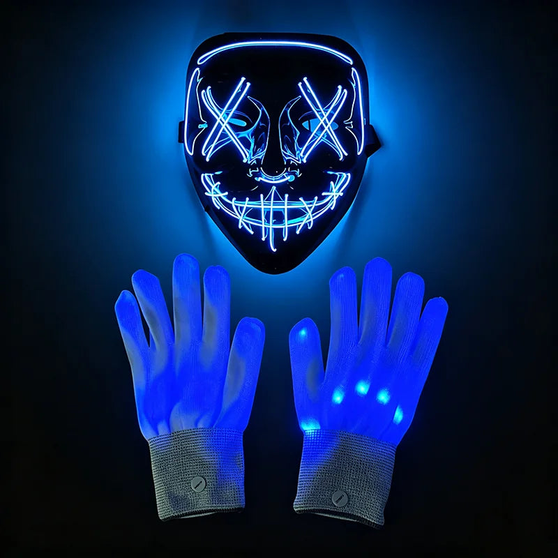 Illuminate Your Halloween with the Wireless LED Neon Purge Mask & Fiber Optic Gloves – Perfect for Carnivals, Cosplay, and Parties!