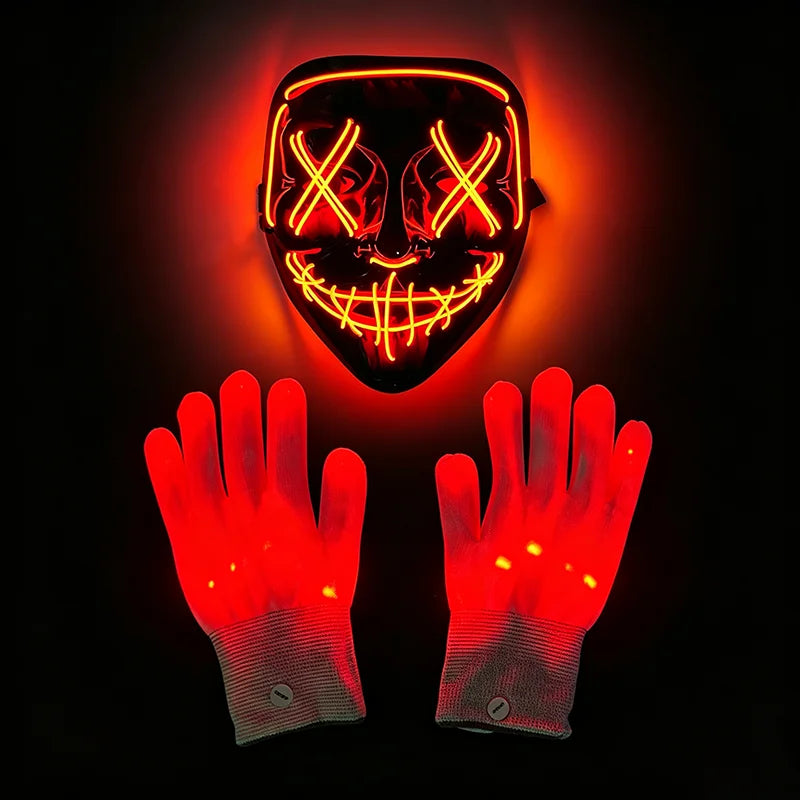 Illuminate Your Halloween with the Wireless LED Neon Purge Mask & Fiber Optic Gloves – Perfect for Carnivals, Cosplay, and Parties!
