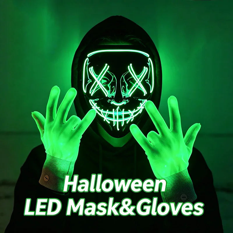 Illuminate Your Halloween with the Wireless LED Neon Purge Mask & Fiber Optic Gloves – Perfect for Carnivals, Cosplay, and Parties!