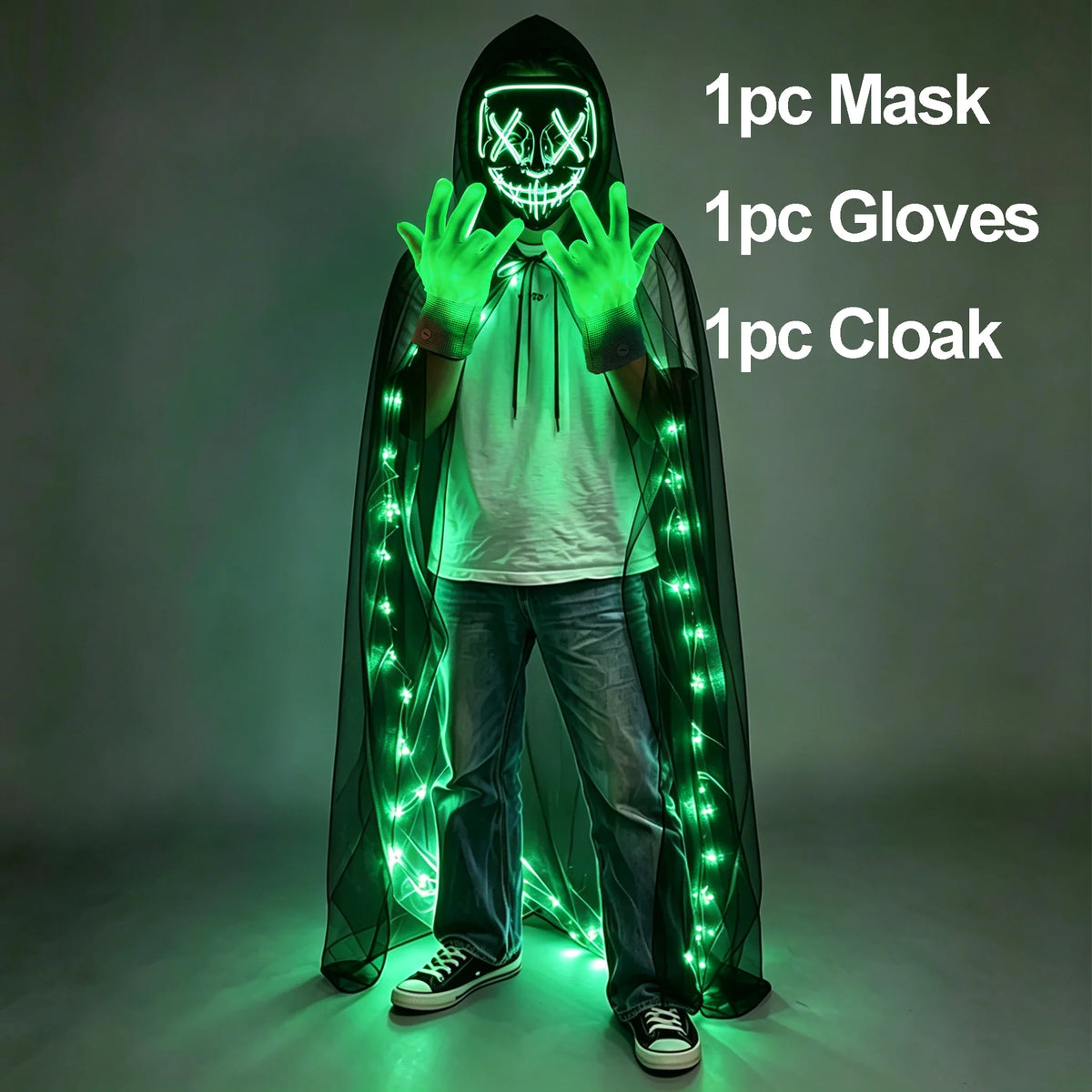 Illuminate Your Halloween with the Wireless LED Neon Purge Mask & Fiber Optic Gloves – Perfect for Carnivals, Cosplay, and Parties!