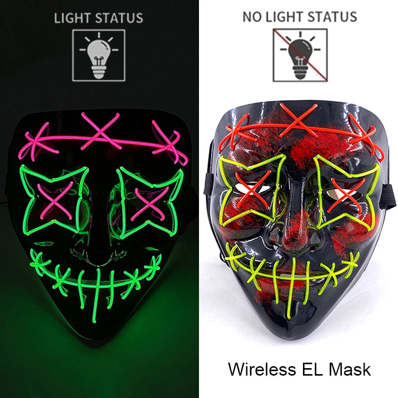 Illuminate Your Halloween with the Wireless Neon LED Purge Mask – Glowing Horror Mask for Parties and Cosplay!