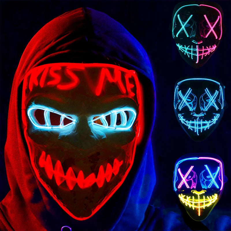 Illuminate Your Halloween with the Wireless Neon LED Purge Mask – Glowing Horror Mask for Parties and Cosplay!