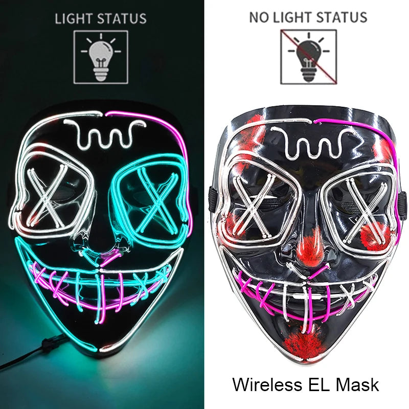 Illuminate Your Halloween with the Wireless Neon LED Purge Mask – Glowing Horror Mask for Parties and Cosplay!
