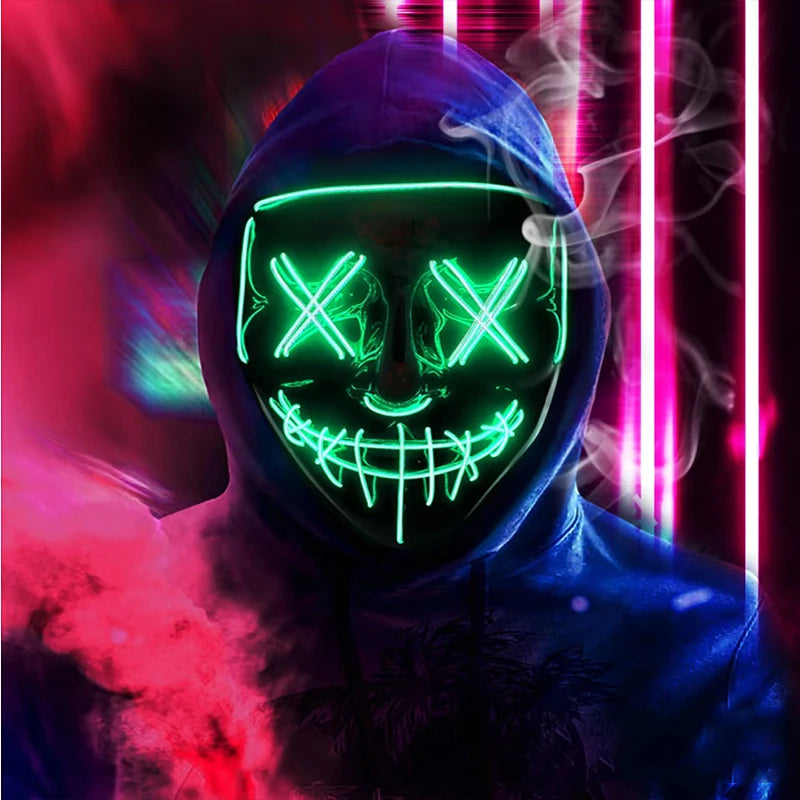 Illuminate Your Halloween with the Wireless Neon LED Purge Mask – Glowing Horror Mask for Parties and Cosplay!