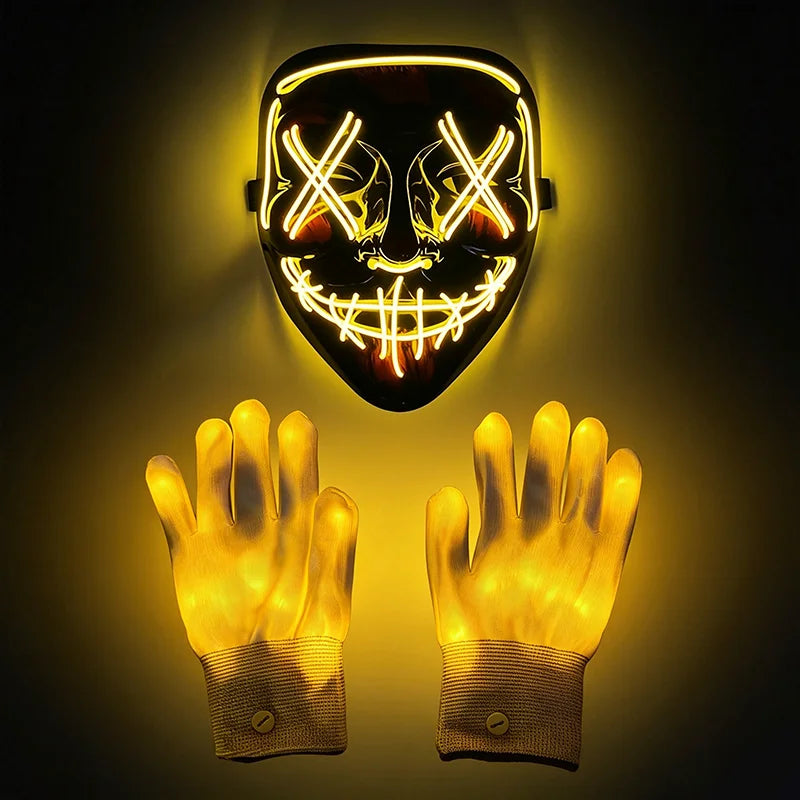 Illuminate Your Halloween with the Wireless LED Neon Purge Mask & Fiber Optic Gloves – Perfect for Carnivals, Cosplay, and Parties!
