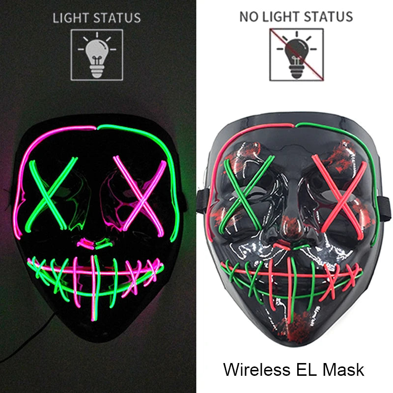 Illuminate Your Halloween with the Wireless Neon LED Purge Mask – Glowing Horror Mask for Parties and Cosplay!