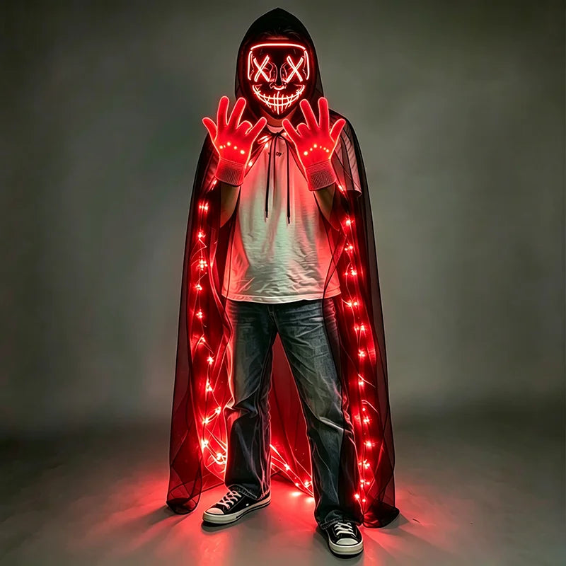 Illuminate Your Halloween with the Wireless LED Neon Purge Mask & Fiber Optic Gloves – Perfect for Carnivals, Cosplay, and Parties!