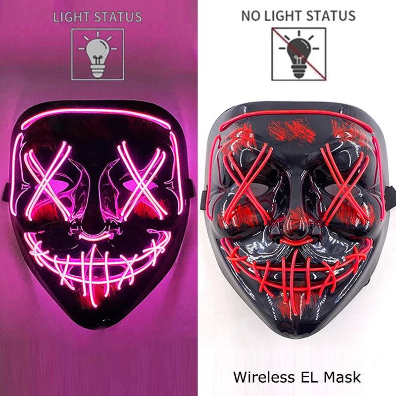 Illuminate Your Halloween with the Wireless Neon LED Purge Mask – Glowing Horror Mask for Parties and Cosplay!
