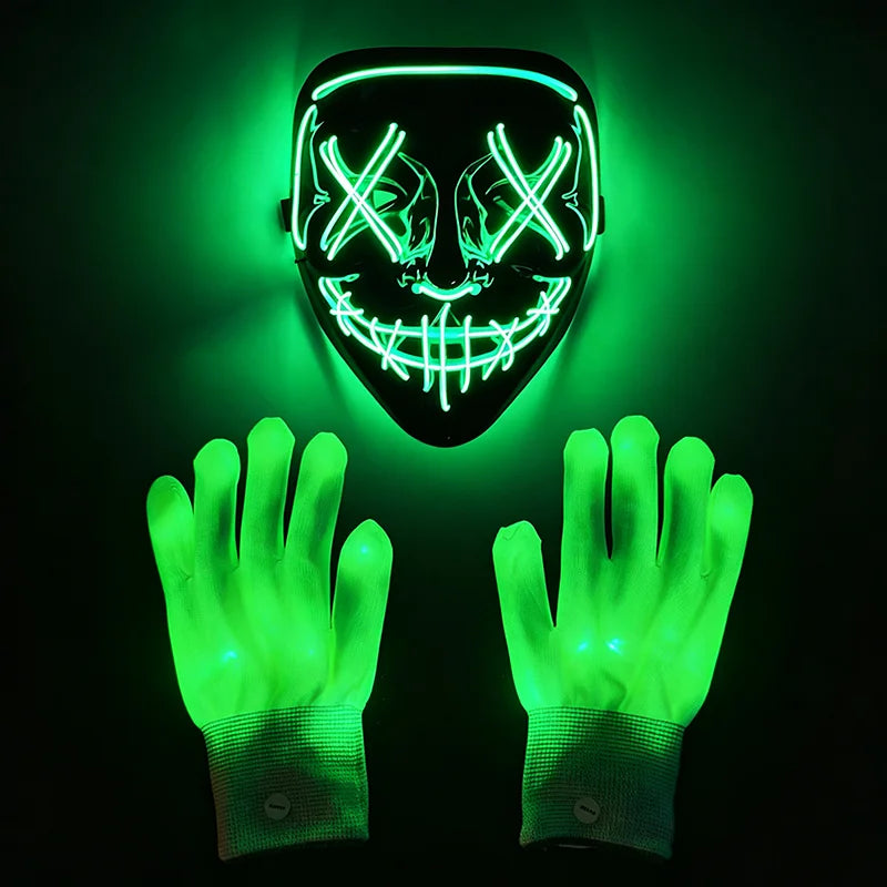 Illuminate Your Halloween with the Wireless LED Neon Purge Mask & Fiber Optic Gloves – Perfect for Carnivals, Cosplay, and Parties!