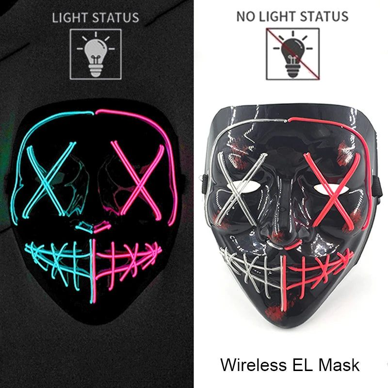 Illuminate Your Halloween with the Wireless Neon LED Purge Mask – Glowing Horror Mask for Parties and Cosplay!