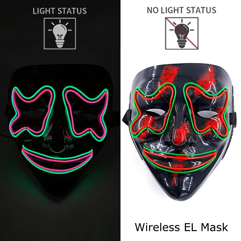 Illuminate Your Halloween with the Wireless Neon LED Purge Mask – Glowing Horror Mask for Parties and Cosplay!