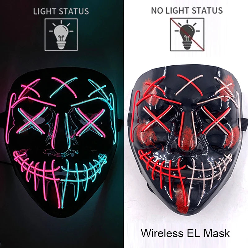 Illuminate Your Halloween with the Wireless Neon LED Purge Mask – Glowing Horror Mask for Parties and Cosplay!
