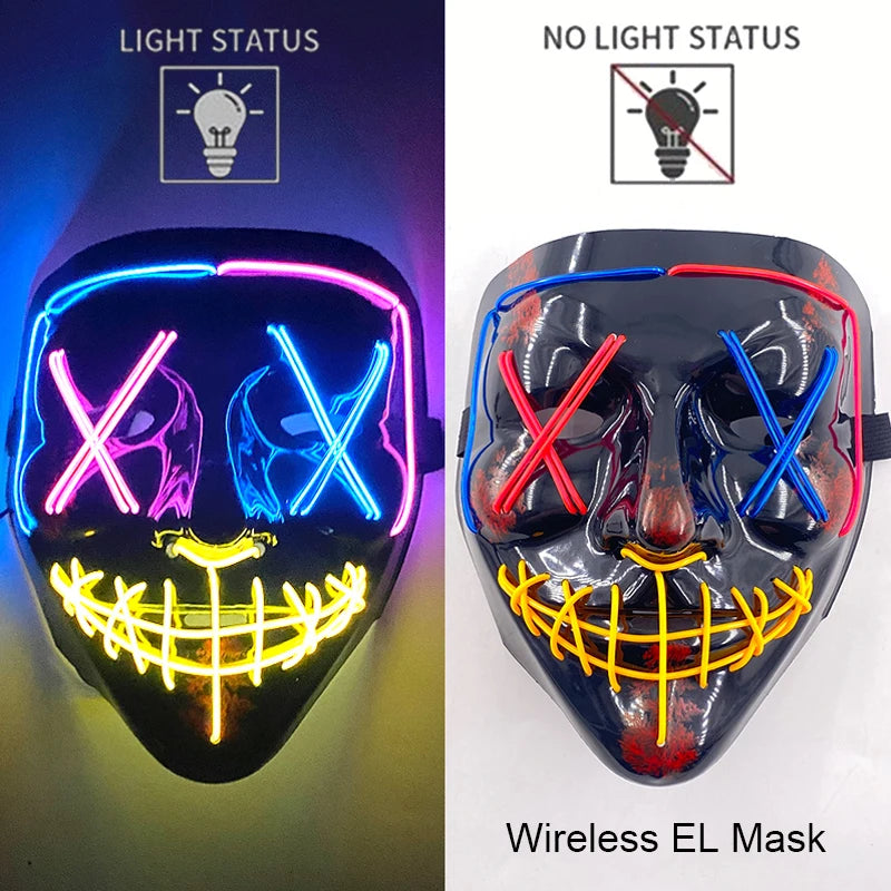 Illuminate Your Halloween with the Wireless Neon LED Purge Mask – Glowing Horror Mask for Parties and Cosplay!