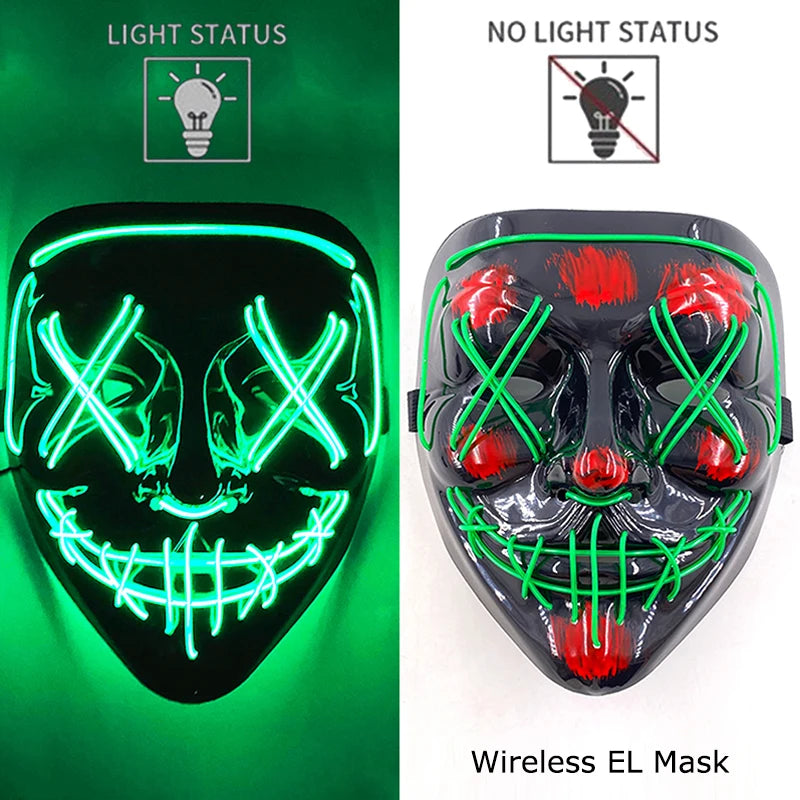 Illuminate Your Halloween with the Wireless Neon LED Purge Mask – Glowing Horror Mask for Parties and Cosplay!