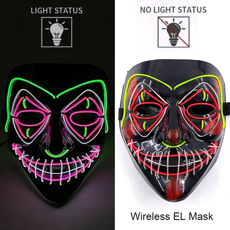 Illuminate Your Halloween with the Wireless Neon LED Purge Mask – Glowing Horror Mask for Parties and Cosplay!